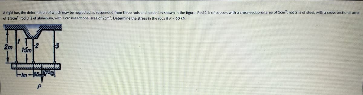 A rigid bar, the deformation of which may be neglected, is suspended from three rods and loaded as shown in the figure. Rod 1 is of copper, with a cross-sectional area of 1cm2, rod 2 is of steel, with a cross sectional area
of 1.5cm?; rod 3 is of aluminum, with a cross-sectional area of 2cm2. Determine the stress in the rods if P- 60 kN.
2m
2
1-5m
13
FIm-
