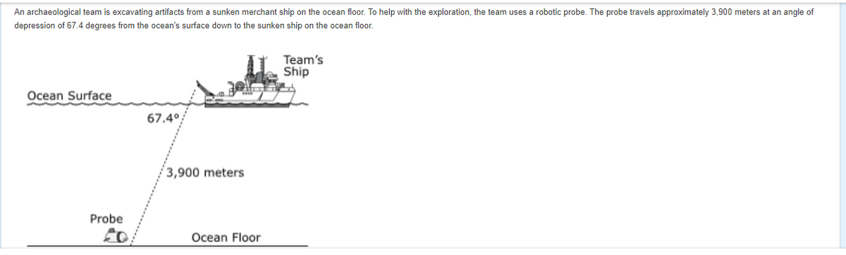An archaeological team is excavating artifacts from a sunken merchant ship on the ocean floor. To help with the exploration, the team uses a robotic probe. The probe travels approximately 3,900 meters at an angle of
depression of 67.4 degrees from the ocean's surface down to the sunken ship on the ocean floor.
Team's
Ship
Ocean Surface
67.4°
3,900 meters
Probe
Ocean Floor
