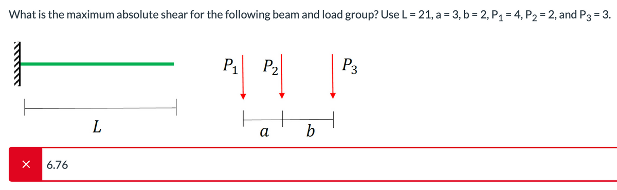 What is the maximum absolute shear for the following beam and load group? Use L = 21, a = 3, b = 2, P₁ = 4, P₂ = 2, and P3 = 3.
× 6.76
L
P3
P2
P₁ P₂ P²
a
b