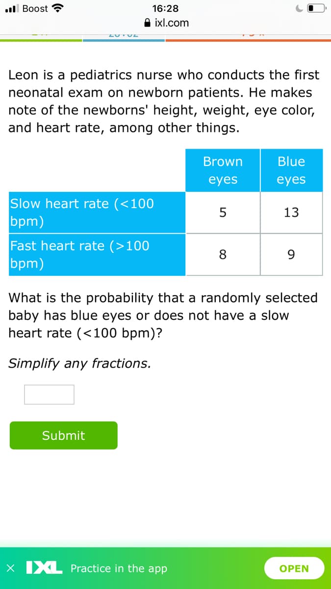 .ll Boost
16:28
A ixl.com
Leon is a pediatrics nurse who conducts the first
neonatal exam on newborn patients. He makes
note of the newborns' height, weight, eye color,
and heart rate, among other things.
Brown
Blue
eyes
eyes
Slow heart rate (<100
bpm)
13
Fast heart rate (>100
8
9.
bpm)
What is the probability that a randomly selected
baby has blue eyes or does not have a slow
heart rate (<100 bpm)?
Simplify any fractions.
Submit
X IXL Practice in the app
ОPEN
