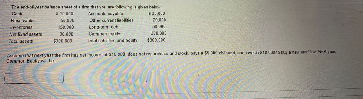 The end-of-year balance sheet of a firm that you are following is given below:
Cash
$ 10,000
Accounts payable
$ 30,000
Other current liabilities
50,000
150,000
90,000
Receivables
Inventories
Net fixed assets
Total assets
$300,000
Long-term debt
Common equity
Total liabilities and equity
20,000
50,000
200,000
$300,000
Assume that next year the firm has net income of $15,000, does not repurchase and stock, pays a $5,000 dividend, and invests $10,000 to buy a new machine. Next year,
Common Equity will be:
M