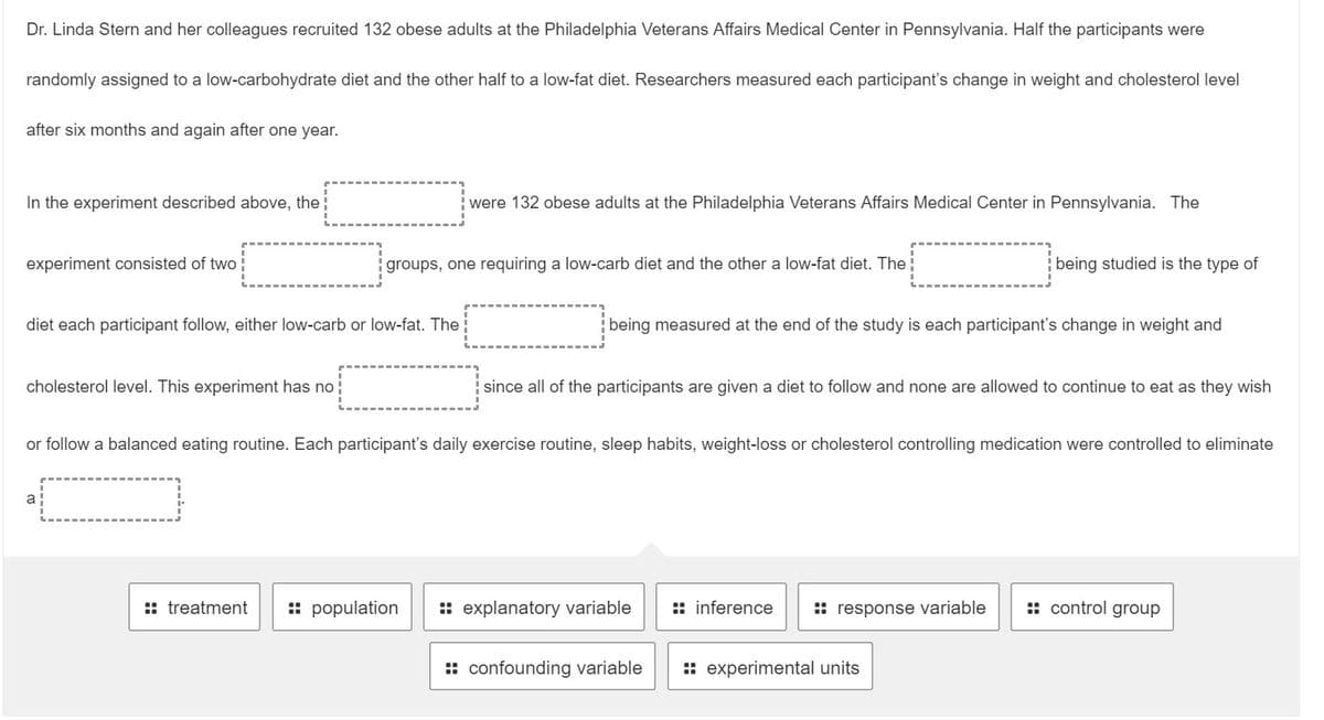 Dr. Linda Stern and her colleagues recruited 132 obese adults at the Philadelphia Veterans Affairs Medical Center in Pennsylvania. Half the participants were
randomly assigned to a low-carbohydrate diet and the other half to a low-fat diet. Researchers measured each participant's change in weight and cholesterol level
after six months and again after one year.
In the experiment described above, the
were 132 obese adults at the Philadelphia Veterans Affairs Medical Center in Pennsylvania. The
experiment consisted of two i
groups, one requiring a low-carb diet and the other a low-fat diet. The:
being studied is the type of
diet each participant follow, either low-carb or low-fat. The
i being measured at the end of the study is each participant's change in weight and
cholesterol level. This experiment has no
since all of the participants are given a diet to follow and none are allowed to continue to eat as they wish
or follow a balanced eating routine. Each participant's daily exercise routine, sleep habits, weight-loss or cholesterol controlling medication were controlled to eliminate
a!
:: treatment
:: population
:: explanatory variable
:: inference
: response variable
:: control group
:: confounding variable
:: experimental units
