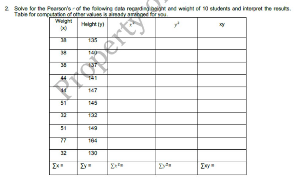 2. Solve for the Pearson's r of the following data regarding height and weight of 10 students and interpret the results.
Table for computation of other values is already arranged for you.
Weight
(x)
Height (y)
y?
ху
38
135
38
Erty
38
44
141
147
51
145
32
132
51
149
77
164
32
130
Ex =
Ey =
Ex²=
Ey2=
Exy =
