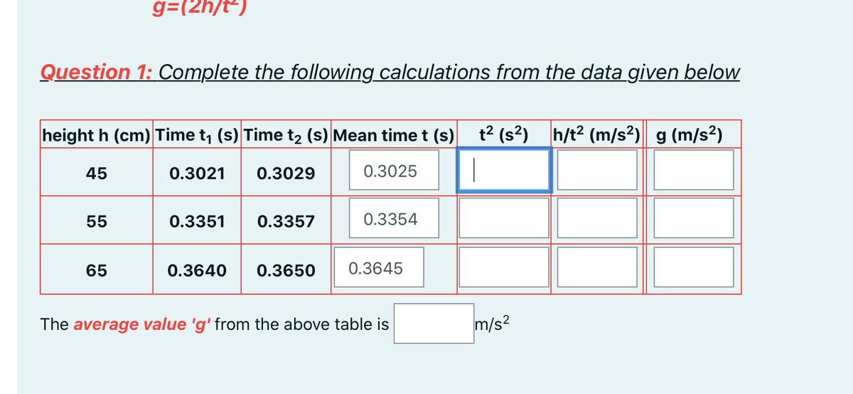 g=(2h/t)
Question 1: Complete the following calculations from the data given below
height h (cm) Time t, (s) Time t2 (s) Mean time t (s)
t2 (s?) h/t? (m/s?) g (m/s?)
45
0.3021
0.3029
0.3025
55
0.3351
0.3357
0.3354
65
0.3640
0.3650
0.3645
The average value 'g' from the above table is
m/s?
