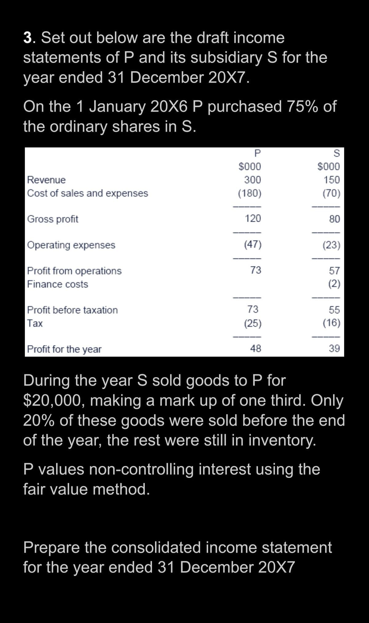 3. Set out below are the draft income
statements of P and its subsidiary S for the
year ended 31 December 20X7.
On the 1 January 20X6 P purchased 75% of
the ordinary shares in S.
Revenue
Cost of sales and expenses
Gross profit
Operating expenses
Profit from operations
Finance costs
Profit before taxation
Tax
Profit for the year
P
$000
300
(180)
120
(47)
73
73
(25)
48
S
$000
150
(70)
80
P values non-controlling interest using the
fair value method.
(23)
57
(2)
55
(16)
39
During the year S sold goods to P for
$20,000, making a mark up of one third. Only
20% of these goods were sold before the end
of the year, the rest were still in inventory.
Prepare the consolidated income statement
for the year ended 31 December 20X7