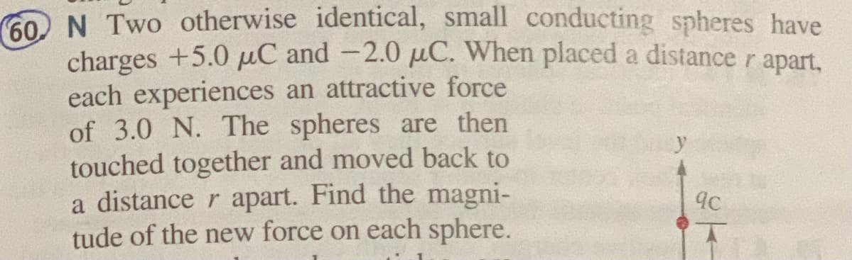 6O N Two otherwise identical, small conducting spheres have
charges +5.0 µC and -2.0 µC. When placed a distance r apart,
each experiences an attractive force
of 3.0 N. The spheres are then
touched together and moved back to
a distance r apart. Find the magni-
tude of the new force on each sphere.
