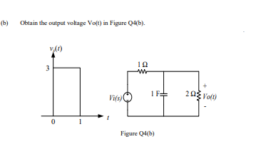 (b)
Obtain the output voltage Vo(t) in Figure Q4(b).
v(1)
10
3
Vifs)
1F:
203 Volt)
Figure Q4(b)
