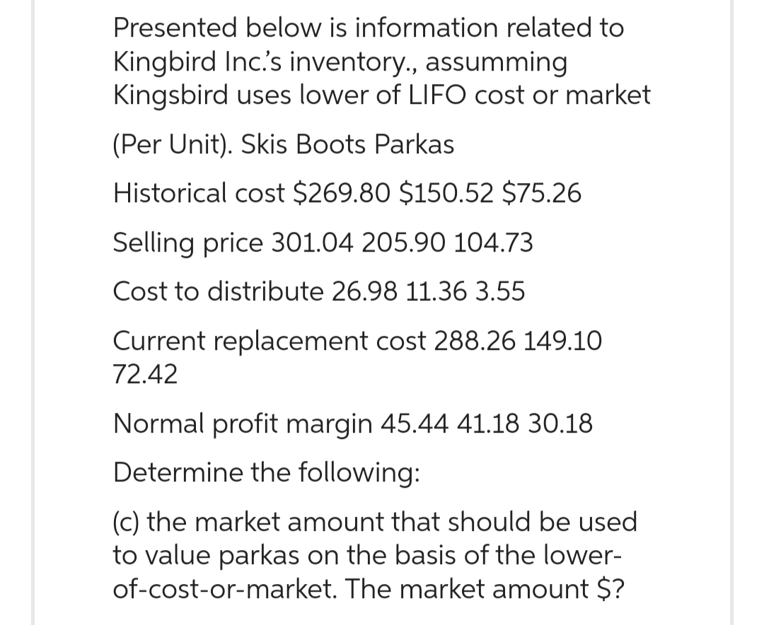 Presented below is information related to
Kingbird Inc.'s inventory., assumming
Kingsbird uses lower of LIFO cost or market
(Per Unit). Skis Boots Parkas
Historical cost $269.80 $150.52 $75.26
Selling price 301.04 205.90 104.73
Cost to distribute 26.98 11.36 3.55
Current replacement cost 288.26 149.10
72.42
Normal profit margin 45.44 41.18 30.18
Determine the following:
(c) the market amount that should be used
to value parkas on the basis of the lower-
of-cost-or-market. The market amount $?