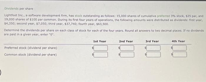 Dividends per share
Lightfoot Inc., a software development firm, has stock outstanding as follows: 15,000 shares of cumulative preferred 3% stock, $25 par, and
19,000 shares of $100 par common. During its first four years of operations, the following amounts were distributed as dividends: first year,
$4,350; second year, $7,050; third year, $37,740; fourth year, $63,500.
Determine the dividends per share on each class of stock for each of the four years. Round all answers to two decimal places. If no dividends
are paid in a given year, enter "0".
Preferred stock (dividend per share)
Common stock (dividend per share)
1st Year
2nd Year
3rd Year
4th Year