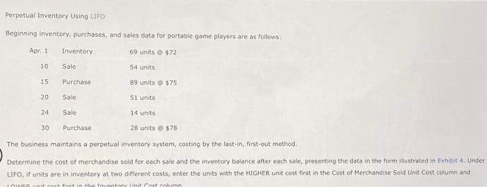 Perpetual Inventory Using LIFO
Beginning inventory, purchases, and sales data for portable game players are as follows:
69 units @ $72
54 units
89 units @ $75
Apr. 1
10
15
20
24
Inventory
Sale
30
Purchase
Sale
14 units
28 units @ $78
The business maintains a perpetual inventory system, costing by the last-in, first-out method.
Determine the cost of merchandise sold for each sale and the inventory balance after each sale, presenting the data in the form illustrated in Exhibit 4. Under
LIFO, if units are in inventory at two different costs, enter the units with the HIGHER unit cost first in the Cost of Merchandise Sold Unit Cost column and
LOWER unit cort first in the Inventon: Unit Cost column:
Sale
51 units
Purchase