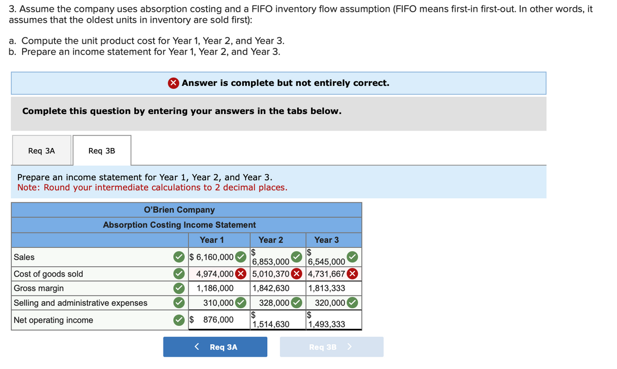 3. Assume the company uses absorption costing and a FIFO inventory flow assumption (FIFO means first-in first-out. In other words, it
assumes that the oldest units in inventory are sold first):
a. Compute the unit product cost for Year 1, Year 2, and Year 3.
b. Prepare an income statement for Year 1, Year 2, and Year 3.
Complete this question by entering your answers in the tabs below.
Req 3A
Req 3B
X Answer is complete but not entirely correct.
Prepare an income statement for Year 1, Year 2, and Year 3.
Note: Round your intermediate calculations to 2 decimal places.
O'Brien Company
Absorption Costing Income Statement
Year 1
$ 6,160,000
4,974,000
1,186,000
310,000
$ 876,000
Sales
Cost of goods sold
Gross margin
Selling and administrative expenses
Net operating income
< Req 3A
Year 2
$
6,853,000
5,010,370
1,842,630
328,000
$
1,514,630
Year 3
$
6,545,000
4,731,667 X
1,813,333
320,000
$
1,493,333
Req 3B