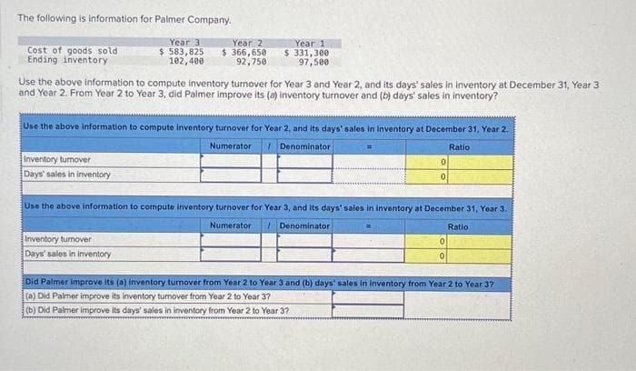 The following is information for Palmer Company.
Year 3
$ 583,825
102,400
Cost of goods sold
Ending inventory
Year 2
$366,650
92,750
Use the above information to compute inventory turnover for Year 3 and Year 2, and its days' sales in inventory at December 31, Year 3
and Year 2. From Year 2 to Year 3, did Palmer improve its (a) inventory turnover and (b) days' sales in inventory?
Inventory tumover
Days' sales in inventory
Year 1
$ 331,300
97,500
Use the above information to compute inventory turnover for Year 2, and its days' sales in inventory at December 31, Year 2.
Numerator
Denominator.
Inventory turnover
Days' sales in inventory
0
0
Use the above information to compute inventory turnover for Year 3, and its days' sales in inventory at December 31, Year 3.
Numerator
Denominator
0
Ratio
0
Ratio
Did Palmer improve its (a) inventory turnover from Year 2 to Year 3 and (b) days' sales in inventory from Year 2 to Year 37
(a) Did Palmer improve its inventory turnover from Year 2 to Year 37
(b) Did Palmer improve its days' sales in inventory from Year 2 to Year 3?