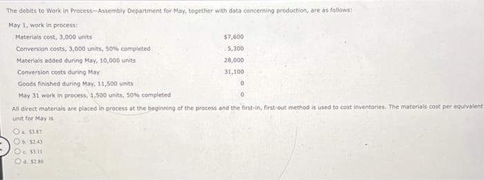 The debits to Work in Process-Assembly Department for May, together with data concerning production, are as follows:
May 1, work in process:
Materials cost, 3,000 units
Conversion costs, 3,000 units, 50% completed
Materials added during May, 10,000 units
Conversion costs during May
$7,600
-5,300
28,000
31,100
Goods finished during May, 11,500 units
May 31 work in process, 1,500 units, 50% completed
All direct materials are placed in process at the beginning of the process and the first-in, first-out method is used to cost inventories. The materials cost per equivalent
unit for May is
O& $3.87
Ob. $2.43
O $3.11
Od $2.80