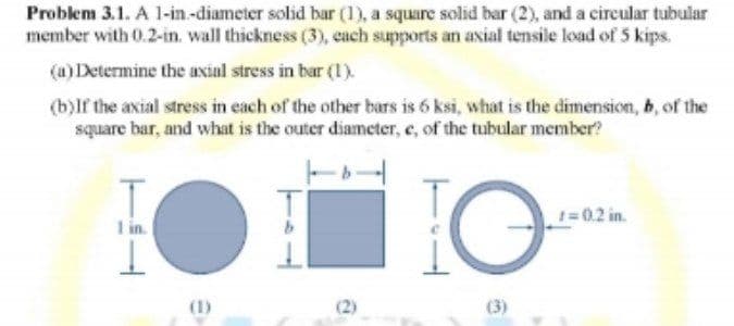 Problem 3.1. A 1-in-diameter solid bar (), a square solid bar (2), and a circular tubular
member with 0.2-in. wall thickness (3), cuch supports an axial tensile load of 5 kips.
(a) Determine the axial stress in bar (1).
(b)lf the axial stress in each of the other bars is 6 ksi, what is the dimension, b, of the
square bar, and what is the outer diameter, e, of the tubular member?
I in.
1=0.2 in.
(1)
(3)
