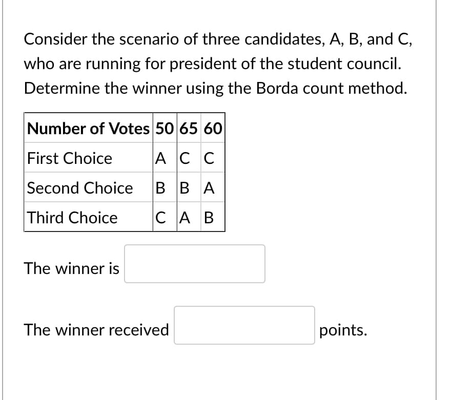 Consider the scenario of three candidates, A, B, and C,
who are running for president of the student council.
Determine the winner using the Borda count method.
Number of Votes 50 65 60
First Choice
AC C
Second Choice
в В А
Third Choice
CA B
The winner is
The winner received
points.
