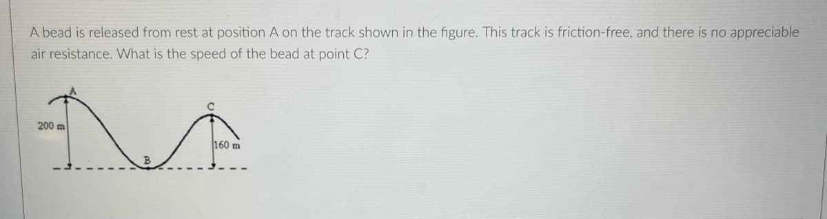 A bead is released from rest at position A on the track shown in the figure. This track is friction-free, and there is no appreciable
air resistance. What is the speed of the bead at point C?
200 m
160 m
B
