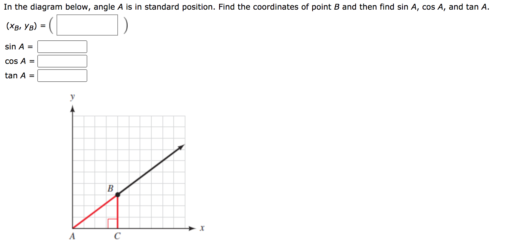 In the diagram below, angle A is in standard position. Find the coordinates of point B and then find sin A, cos A, and tan A.
(Хв, Ув)
%3D
sin A =
COs A =
tan A =
