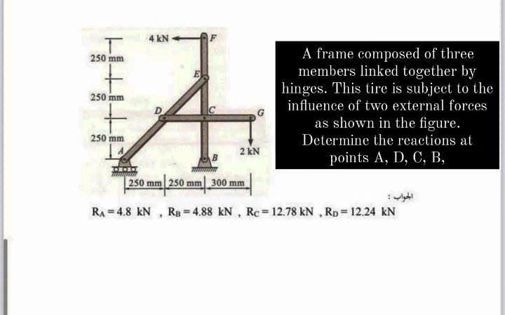 4 kN
A frame composed of three
members linked together by
hinges. This tire is subject to the
influence of two external forces
250 mm
E
250 mm
as shown in the figure.
Determine the reactions at
250 mm
2 kN
points A, D, C, B,
250 mm 250 mm 300 mm
RA = 4.8 kN
Ra = 4.88 kN , Re= 12.78 kN , RD = 12.24 kN
