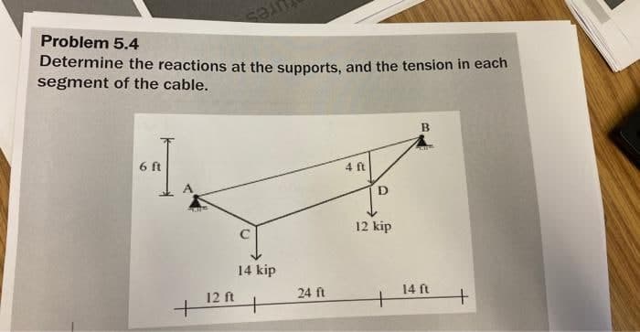 Problem 5.4
Determine the reactions at the supports, and the tension in each
segment of the cable.
6 ft
TILA
+
sain
12 ft
14 kip
+
24 ft
4 ft
12 kip
B
ME
14 ft
+