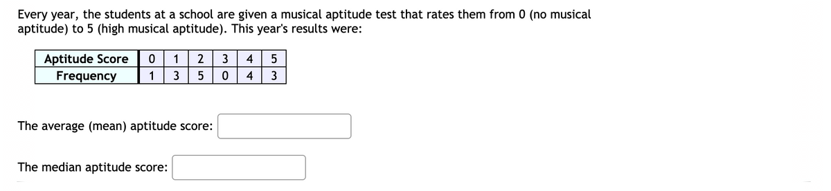 Every year, the students at a school are given a musical aptitude test that rates them from 0 (no musical
aptitude) to 5 (high musical aptitude). This year's results were:
Aptitude Score
Frequency
1
3
4
1
3
4
3
The average (mean) aptitude score:
The median aptitude score:
