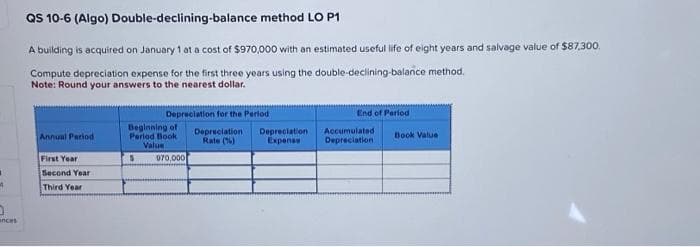 1
ances
QS 10-6 (Algo) Double-declining-balance method LO P1
A building is acquired on January 1 at a cost of $970,000 with an estimated useful life of eight years and salvage value of $87,300.
Compute depreciation expense for the first three years using the double-declining-balance method.
Note: Round your answers to the nearest dollar.
Annual Period
First Year
Second Year
Third Year
Depreciation for the Period
Beginning of
Perlod Book
Value
070,000
Depreciation Depreciation
Rate (%)
Expense
End of Period
Accumulated
Depreciation
Book Value