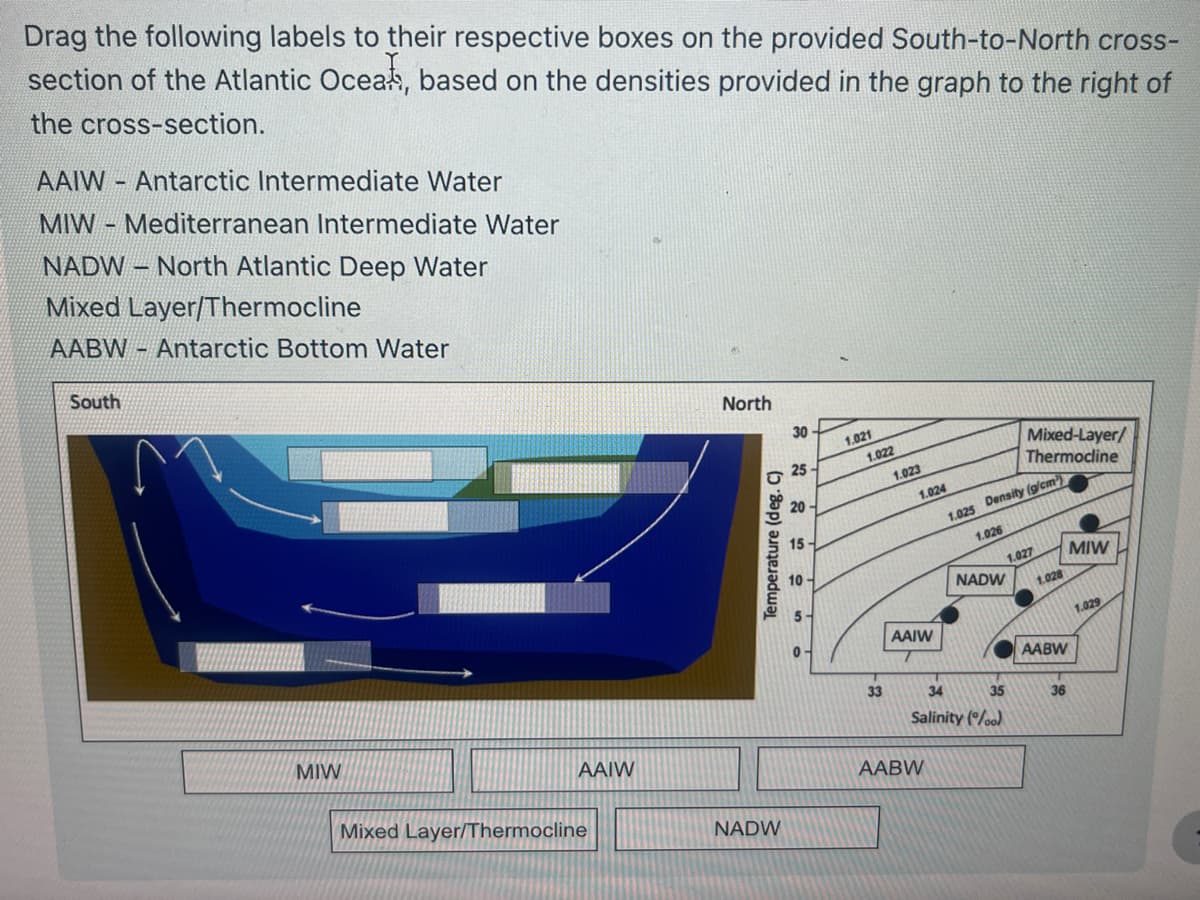 Drag the following labels to their respective boxes on the provided South-to-North cross-
section of the Atlantic Ocean, based on the densities provided in the graph to the right of
the cross-section.
AAIW - Antarctic Intermediate Water
MIW- Mediterranean Intermediate Water
NADW North Atlantic Deep Water
Mixed Layer/Thermocline
AABW
South
B
Antarctic Bottom Water
MIW
AAIW
Mixed Layer/Thermocline
North
Temperature (deg. C)
NADW
30
25-
20
15
5-
0-
1.021
1.022
33
1.023
1.024
AAIW
AABW
1.025 Density (g/cm)
1.026
NADW
34
35
Salinity (0)
Mixed-Layer/
Thermocline
1.027
1.028
AABW
36
MIW
1.029