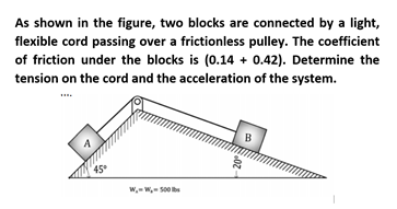 As shown in the figure, two blocks are connected by a light,
flexible cord passing over a frictionless pulley. The coefficient
of friction under the blocks is (0.14 + 0.42). Determine the
tension on the cord and the acceleration of the system.
B
45
