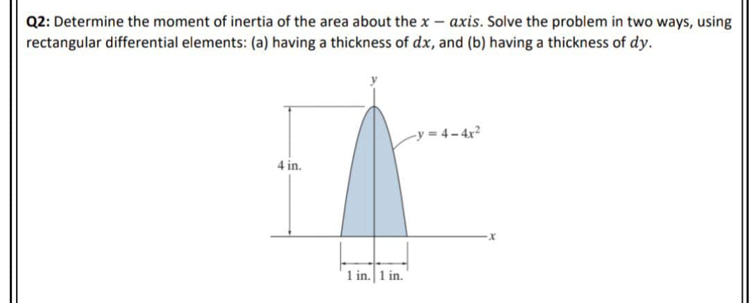 Q2: Determine the moment of inertia of the area about the x – axis. Solve the problem in two ways, using
rectangular differential elements: (a) having a thickness of dx, and (b) having a thickness of dy.
-y = 4 - 4x2
4 in.
1 in. 1 in.
