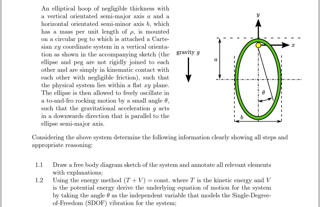 An elliptical hoop of negligible thickness with
a vertical orientated semi-major axis a and a
horizontal orientated semi-minor axis b, which
has a mass per unit length of p, is mounted
on a circular peg to which is attached a Carte-
sian xy coordinate system in a vertical orienta-
tion as shown in the accompanying sketch (the gravity g
ellipse and peg are not rigidly joined to each
other and are simply in kinematic contact with
each other with negligible friction), such that
the physical system lies within a flat zy plane.
The ellipse is then allowed to freely oscillate in
a to-and-fro rocking motion by a small angle 0,
such that the gravitational acceleration g acts
in a downwards direction that is parallel to the
ellipse semi-major axis.
1.1
a
Considering the bove system determine the following information clearly showing all steps
appropriate reasoning:
1.2
Y
Draw a free body diagram sketch of the system and annotate all relevant elements
with explanations;
Using the energy method (T+ V) =const. where T is the kinetic energy and V
is the potential energy derive the underlying equation of motion for the system
by taking the angle as the independent variable that models the Single-Degree-
of-Freedom (SDOF) vibration for the system;