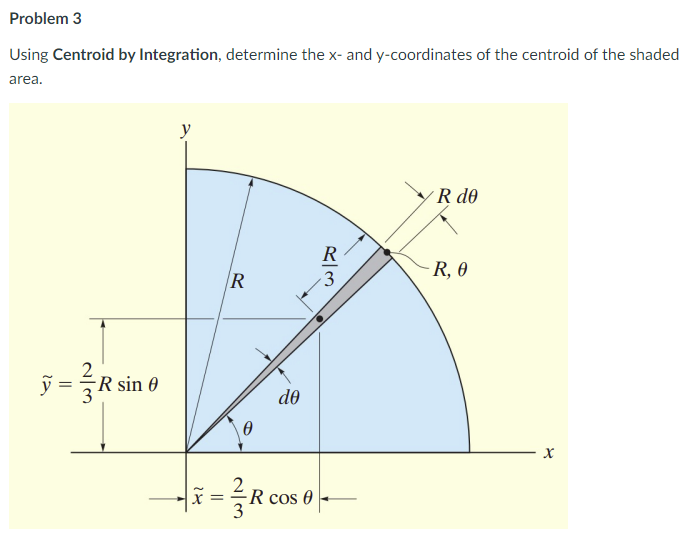 Problem 3
Using Centroid by Integration, determine the x- and y-coordinates of the centroid of the shaded
area.
y
R do
R
R, 0
3
R sin 0
de
2
x =
-R cos 0
3
