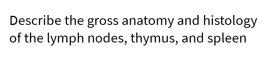 Describe the gross anatomy and histology
of the lymph nodes, thymus, and spleen
