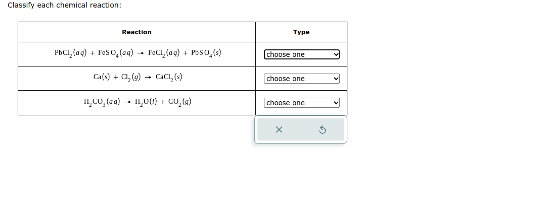 Classify each chemical reaction:
Reaction
PbCl₂ (aq) + FeSO4 (aq) → FeCl₂(aq) + PbSO4(s)
Ca(s) + Cl₂(g) → CaCl₂ (s)
H₂CO3(aq) → H₂O(1) + CO₂(g)
Type
choose one
choose one
choose one
X