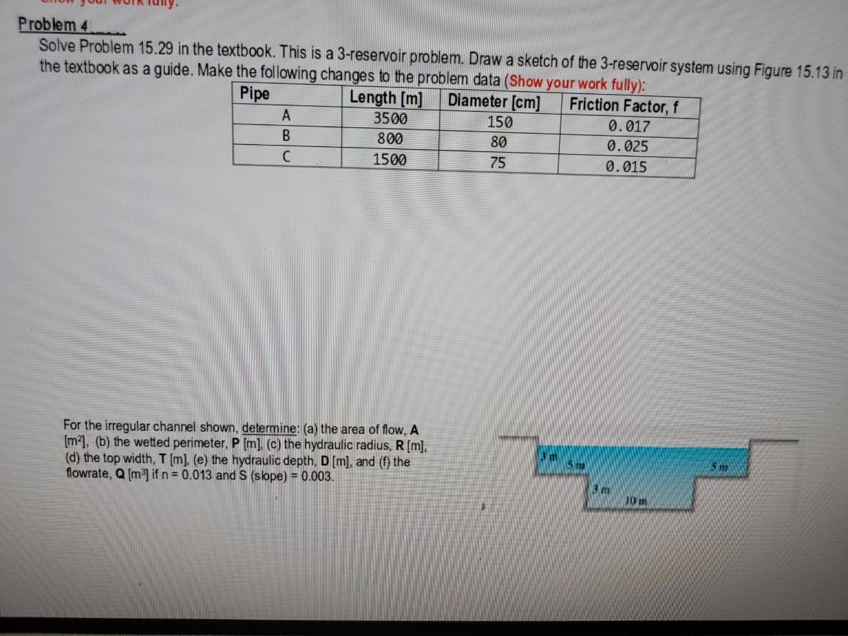 Problem 4
Solve Problem 15.29 in the textbook. This is a 3-reservoir problem. Draw a sketch of the 3-reservoir system using Figure 15.13 in
the textbook as a guide. Make the following changes to the problem data (Show your work fully):
Pipe
A
Length [m]
Diameter [cm]
Friction Factor, f
3500
150
0.017
800
80
0.025
1500
75
0.015
For the irregular channel shown, determine: (a) the area of flow, A
[m], (b) the wetted perimeter, P [m]. (c) the hydraulic radius, R[m],
(d) the top width, T [m], (e) the hydraulic depth, D [m], and (f) the
flowrate, Q (m1 if n = 0.013 and S (slope) = 0.003.
3m
10 m
