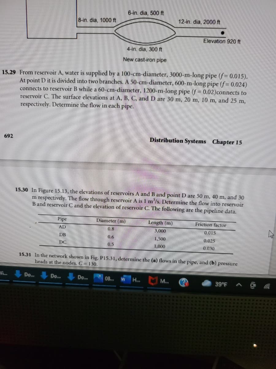 6-in. dia, 500 ft
8-in. dia, 1000 ft
12-in. dia, 2000 ft
Elevation 920 ft
4-in. dia, 300 ft
New cast-iron pipe
15.29 From reservoir A, water is supplied by a 100-cm-diameter, 3000-m-long pipe (f= 0.015).
%3D
At point D it is divided into two branches. A 50-cm-diameter, 600-m-long pipe (f=0.024)
connects to reservoir B while a 60-cm-diameter, 1200-m-long pipe (f = 0.02)connects to
reservoir C. The surface elevations at A, B, C, and D are 30 m, 20 m, 10 m, and 25 m,
respectively. Determine the flow in each pipe.
692
Distribution Systems Chapter 15
15.30 In Figure 15.13, the elevations of reservoirs A and B and point D are 50 m, 40 m, and 30
m respectively. The flow through reservoir A is 1 m'/s. Determine the flow into reservoir
B and reservoir C and the elevation of reservoir C. The following are the pipeline data.
Pipe
Diameter (m)
Length (m)
Friction factor
AD
0.8
3,000
0.015
DB
0.6
1,500
0.025
DC
0.5
1,000
0.030
15.31 In the network shown in Fig. P15.31, determine the (a) flows in the pipe, and (b) pressure
heads at the nodes. C = 130,
Vi.
Do...
08..
Do...
Do...
W
H...
M..
39°F
