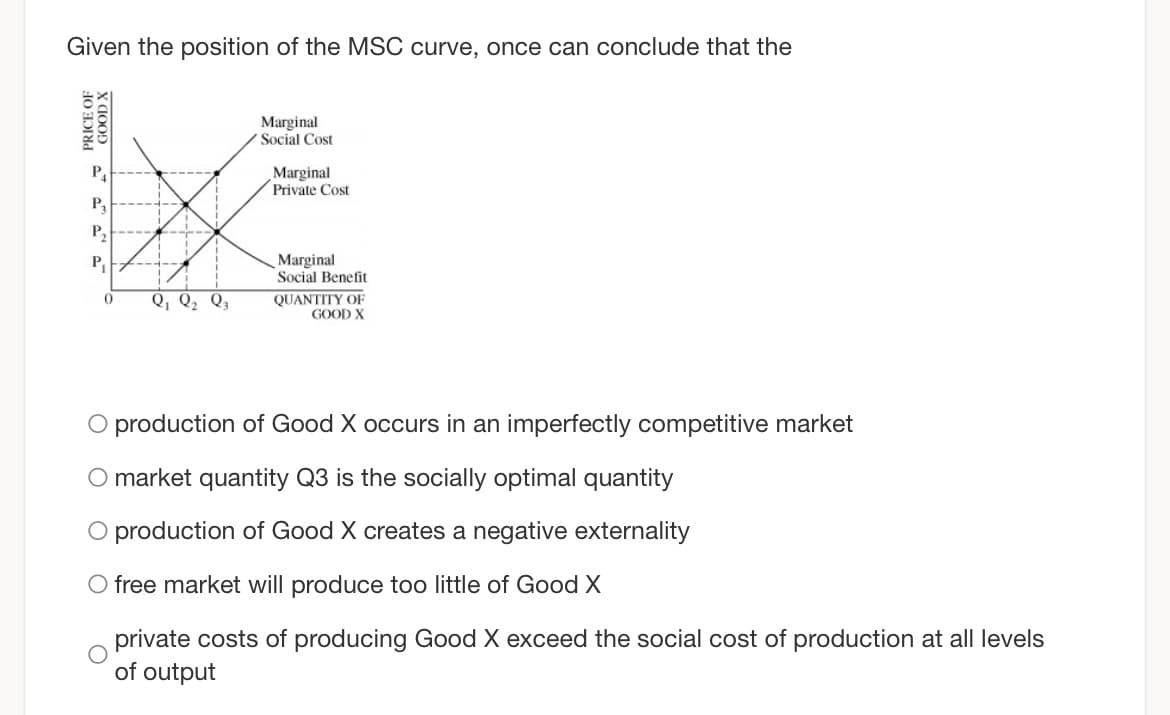 Given the position of the MSC curve, once can conclude that the
PRICE OF
x6009
P₁
P₁
P₂
P₁
0 Q₁ Q₂ Q3
Marginal
Social Cost
Marginal
Private Cost
Marginal
Social Benefit
QUANTITY OF
GOOD X
O production of Good X occurs in an imperfectly competitive market
O market quantity Q3 is the socially optimal quantity
O production of Good X creates a negative externality
O free market will produce too little of Good X
private costs of producing Good X exceed the social cost of production at all levels
of output