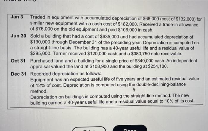 Traded in equipment with accumulated depreciation of $68,000 (cost of $132,000) for
similar new equipment with a cash cost of $182,000. Received a trade-in allowance
of $76,000 on the old equipment and paid $106,000 in cash.
Jun 30 Sold a building that had a cost of $635,000 and had accumulated depreciation of
$130,000 through December 31 of the preceding year. Depreciation is computed on
a straight-line basis. The building has a 40-year useful life and a residual value of
$295,000. Tarrier received $120,000 cash and a $380,750 note receivable.
Oct 31 Purchased land and a building for a single price of $340,000 cash. An independent
appraisal valued the land at $108,900 and the building at $254,100.
Jan 3
Dec 31 Recorded depreciation as follows:
Equipment has an expected useful life of five years and an estimated residual value
of 12% of cost. Depreciation is computed using the double-declining-balance
method.
Depreciation on buildings is computed using the straight-line method. The new
building carries a 40-year useful life and a residual value equal to 10% of its cost.
Den
