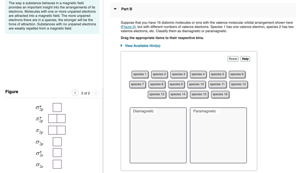 The way a substance behaves in a magnetic field
provides an important insight into the arrangements of its
electrons. Molecules with one or more unpaired electrons
are attracted into a magnetic field. The more unpaired
electrons there are in a species, the stronger will be the
force of attraction. Substances with no unpaired electrons
are weakly repelled from a magnetic field.
Part B
Suppose that you have 16 diatomic molecules or ions with the valence molecular orbital arrangement shown here
(Figure 2), but with different numbers of valence electrons. Species 1 has one valence electron, species 2 has two
valence electrons, etc. Classify them as diamagnetic or paramagnetic.
Drag the appropriate items to their respective bins.
• View Available Hint(s)
Reset
Help
species 1
species 2
species 3
species 4
species 5
species 6
species 7
species 8
species 9
species 10
species 11
species 12
Figure
<) 2 of 2
species 13
species 14
species 15
species 16
Diamagnetic
Paramagnetic
2p
O
2s
