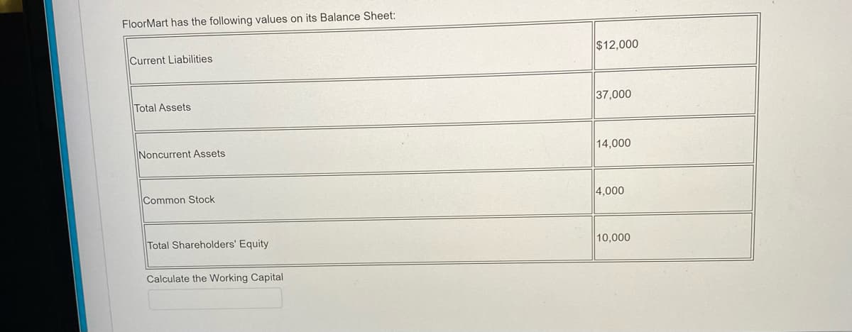 FloorMart has the following values on its Balance Sheet:
Current Liabilities
$12,000
Total Assets
37,000
Noncurrent Assets
14,000
Common Stock
4,000
Total Shareholders' Equity
10,000
Calculate the Working Capital
