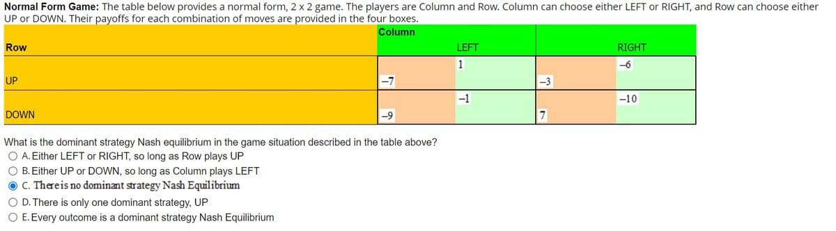 Normal Form Game: The table below provides a normal form, 2 x 2 game. The players are Column and Row. Column can choose either LEFT or RIGHT, and Row can choose either
UP or DOWN. Their payoffs for each combination of moves are provided in the four boxes.
Column
Row
UP
DOWN
What is the dominant strategy Nash equilibrium in the game situation described in the table above?
O A. Either LEFT or RIGHT, so long as Row plays UP
B. Either UP or DOWN, so long as Column plays LEFT
OC. There is no dominant strategy Nash Equilibrium
-7
O D. There is only one dominant strategy, UP
O E. Every outcome is a dominant strategy Nash Equilibrium
LEFT
1
-1
-3
7
RIGHT
-6
-10