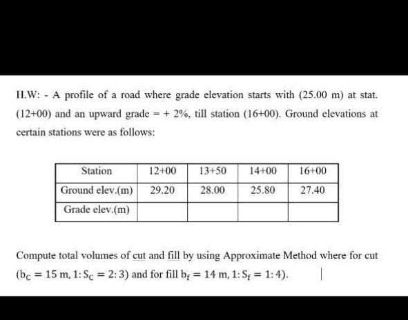 II.W: - A profile of a road where grade elevation starts with (25.00 m) at stat.
(12+00) and an upward grade = + 2%, till station (16+00). Ground elevations at
certain stations were as follows:
Station
16+00
12+00 13+50 14+00
28.00
Ground elev.(m) 29.20
25.80
27.40
Grade elev.(m)
Compute total volumes of cut and fill by using Approximate Method where for cut
(be = 15 m, 1: Sc = 2:3) and for fill b = 14 m, 1: S, = 1:4).