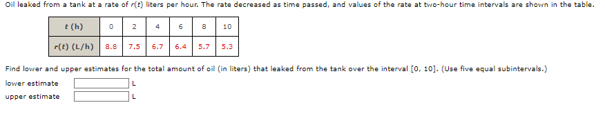 Oil leaked from a tank at a rate of r(t) liters per hour. The rate decreased as time passed, and values of the rate at two-hour time intervals are shown in the table.
t (h)
r(t) (L/h) 8.8 7.5 6.7
0
2
4
6
8
10
6.4 5.7 5.3
Find lower and upper estimates for the total amount of oil (in liters) that leaked from the tank over the interval [0, 10]. (Use five equal subintervals.)
lower estimate
L
upper estimate