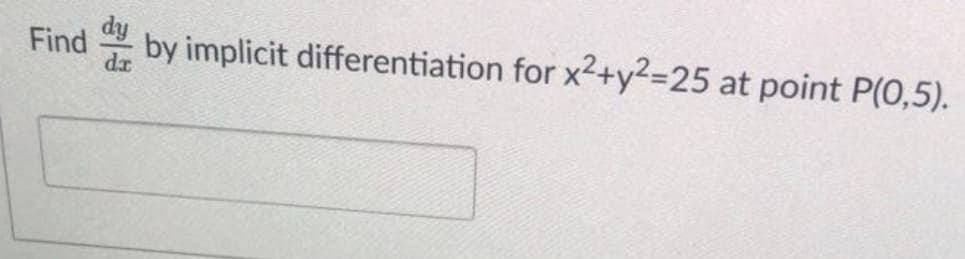 Find by implicit differentiation for x2+y2=D25 at point P(0,5).
dy
da
