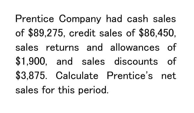 Prentice Company had cash sales
of $89,275, credit sales of $86,450,
sales returns and allowances of
$1,900, and sales discounts of
$3,875. Calculate Prentice's net
sales for this period.