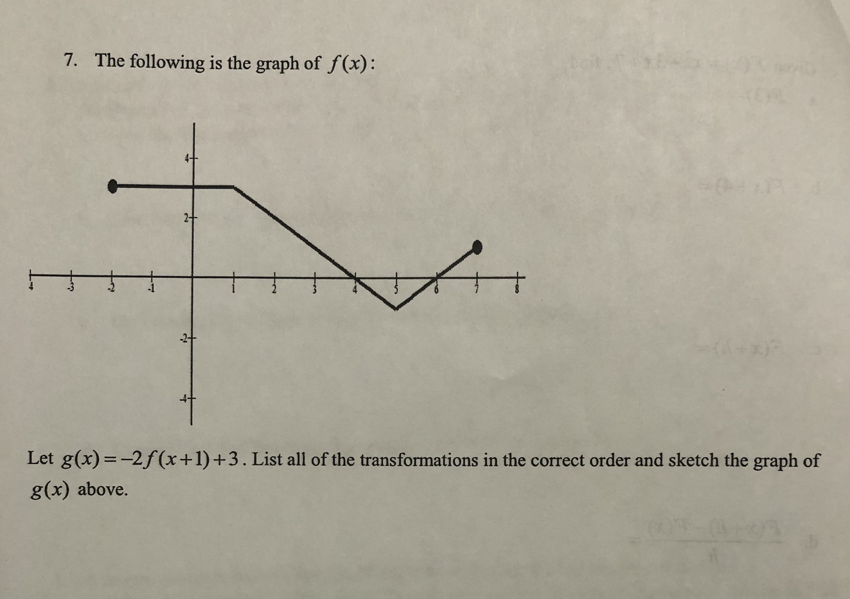 7. The following is the graph of f(x):
1.
-2+
Let g(x) =-2f(x+1)+3. List all of the transformations in the correct order and sketch the graph of
%3D
g(x) above.
