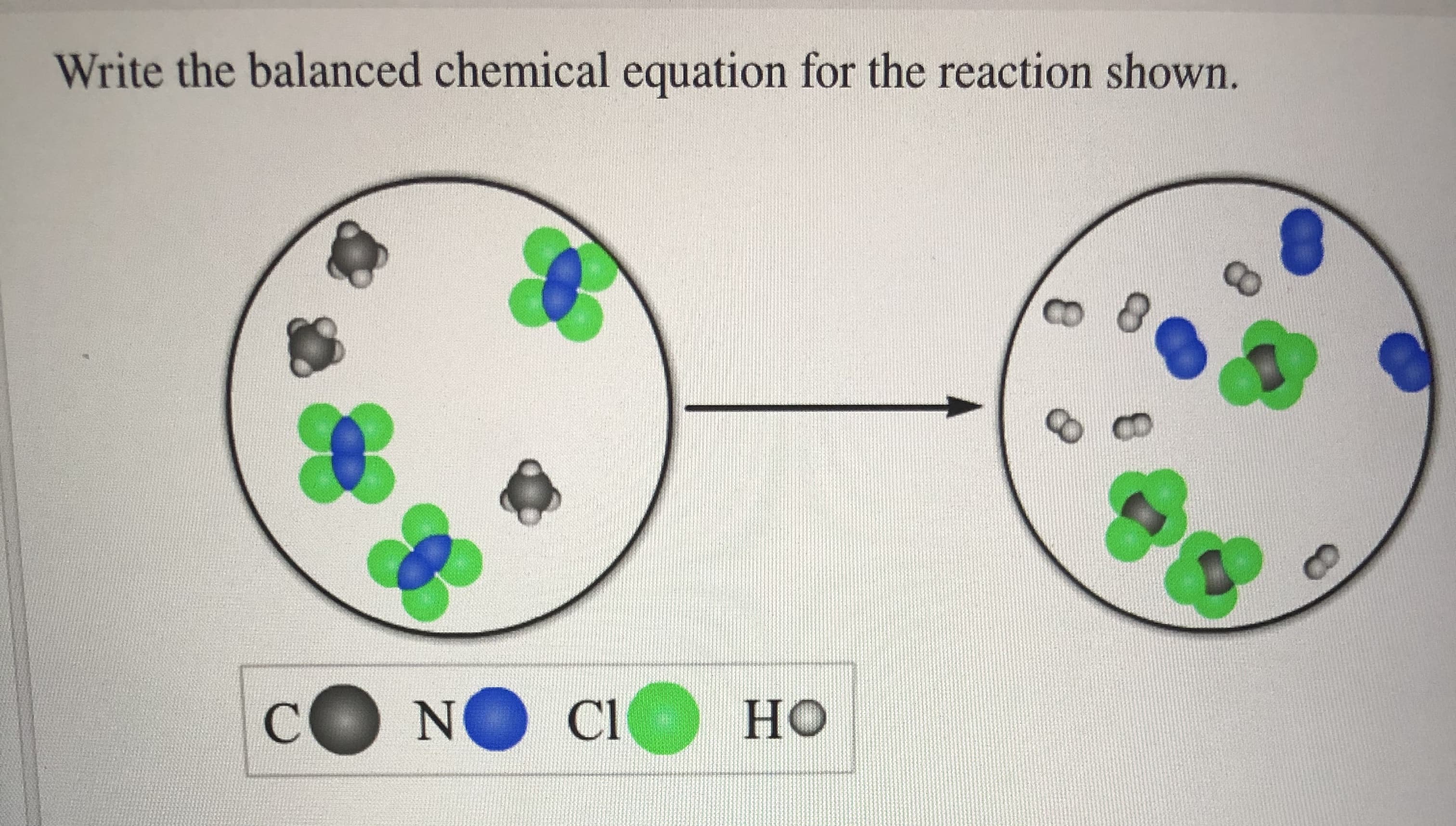 Write the balanced chemical equation for the reaction shown.
8
CO
HO
CO NO CI
