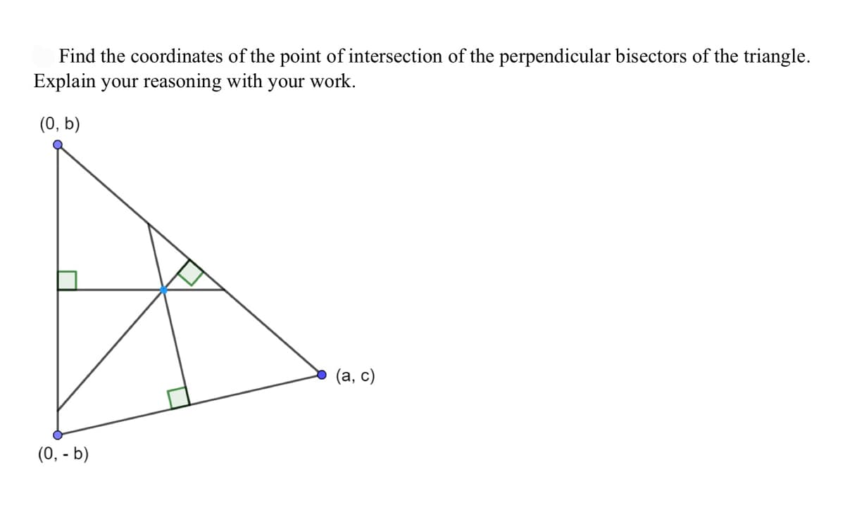 Find the coordinates of the point of intersection of the perpendicular bisectors of the triangle.
Explain your reasoning with your work.
(0, b)
(0, - b)
(a, c)