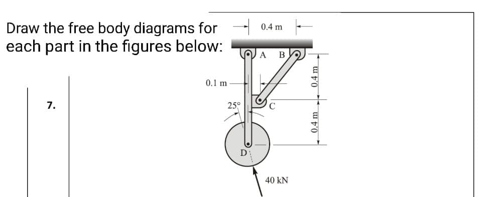 Draw the free body diagrams for
each part in the figures below:
0.4 m
В
0.1 m
7.
25°
C
40 kN
- 0.4 m
