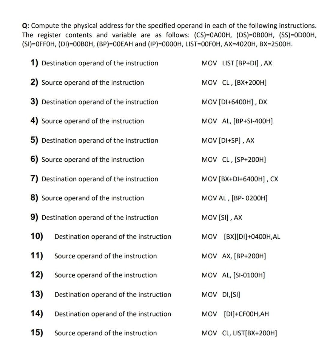 Q: Compute the physical address for the specified operand in each of the following instructions.
The register contents and variable are as follows: (CS)=0AO0H, (DS)=0B0OH, (SS)=0D00H,
(SI)=OFFOH, (DI)=00BOH, (BP)=00EAH and (IP)=0000H, LIST=00F0H, AX=4020H, BX=2500H.
1) Destination operand of the instruction
MOV LIST [BP+DI] , AX
2) Source operand of the instruction
MOV CL, [BX+200H]
3) Destination operand of the instruction
MOV [DI+6400H] , DX
4) Source operand of the instruction
MOV AL, [BP+SI-400H]
5) Destination operand of the instruction
MOV [DI+SP] , AX
6) Source operand of the instruction
MOV CL, [SP+200H]
7) Destination operand of the instruction
MOV [BX+DI+6400H] , CX
8) Source operand of the instruction
MOV AL , [BP- 0200H]
9) Destination operand of the instruction
MOV [SI] , AX
10)
Destination operand of the instruction
MOV (BX][DI]+0400H,AL
11)
Source operand of the instruction
MOV AX, [BP+200H]
12)
Source operand of the instruction
MOV AL, [SI-0100H]
13)
Destination operand of the instruction
MOV DI,[SI]
14)
Destination operand of the instruction
MOV [DI]+CFO0H,AH
15)
Source operand of the instruction
MOV CL, LIST[BX+200H]
