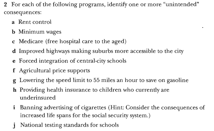 2 For each of the following programs, identify one or more "unintended"
consequences:
a Rent control
b Minimum wages
c Medicare (free hospital care to the aged)
d Improved highways making suburbs more accessible to the city
e Forced integration of central-city schools
f Agricultural price supports
g Lowering the speed limit to 55 miles an hour to save on gasoline
h Providing health insurance to children who currently are
underinsured
i Banning advertising of cigarettes (Hint: Consider the consequences of
increased life spans for the social security system.)
j National testing standards for schools