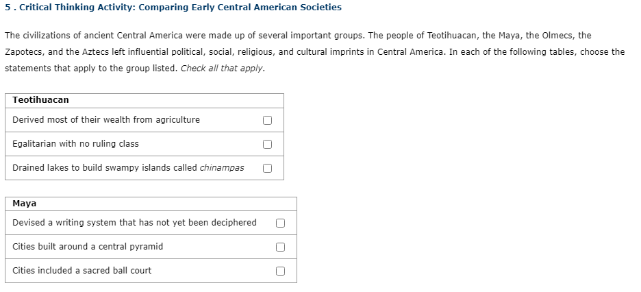 5. Critical Thinking Activity: Comparing Early Central American Societies
The civilizations of ancient Central America were made up of several important groups. The people of Teotihuacan, the Maya, the Olmecs, the
Zapotecs, and the Aztecs left influential political, social, religious, and cultural imprints in Central America. In each of the following tables, choose the
statements that apply to the group listed. Check all that apply.
Teotihuacan
Derived most of their wealth from agriculture
Egalitarian with no ruling class
Drained lakes to build swampy islands called chinampas
Maya
Devised a writing system that has not yet been deciphered
Cities built around a central pyramid
Cities included a sacred ball court
O O
